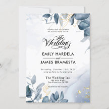 Elégant Feuille Gold Blue Watercolor Mariage