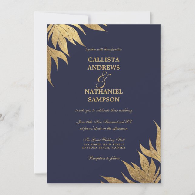Invitation Élégant Feuille Mariage de la marine Blue Gold Foi (Devant)