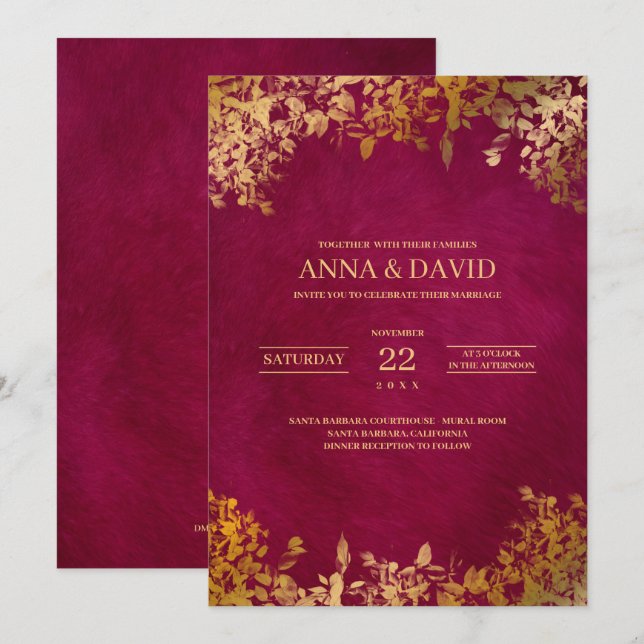 Invitation Élégant Feuille or Bourgogne Mariage (Devant / Derrière)