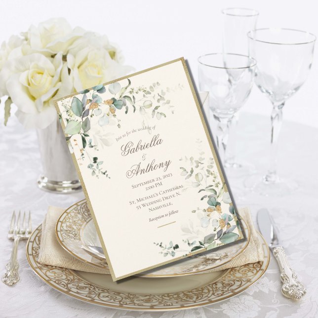 Invitation Élégant Feuille rustique Mariage or verdure (Créateur téléchargé)
