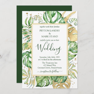 Invitation Élégant Feuille Tropical Green & Gold Frame Mariag