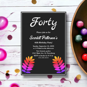 Invitation Élégant Feuilles Lumineuses Noir Et Blanc 40ème An