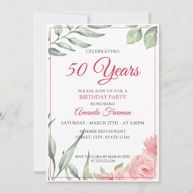 Invitation Elégant Feuilles verts et Rose Rose Maman Annivers (Devant)
