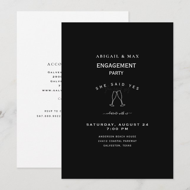 Invitation Élégant Fiançailles de toast de Champagne noir et  (Devant / Derrière)
