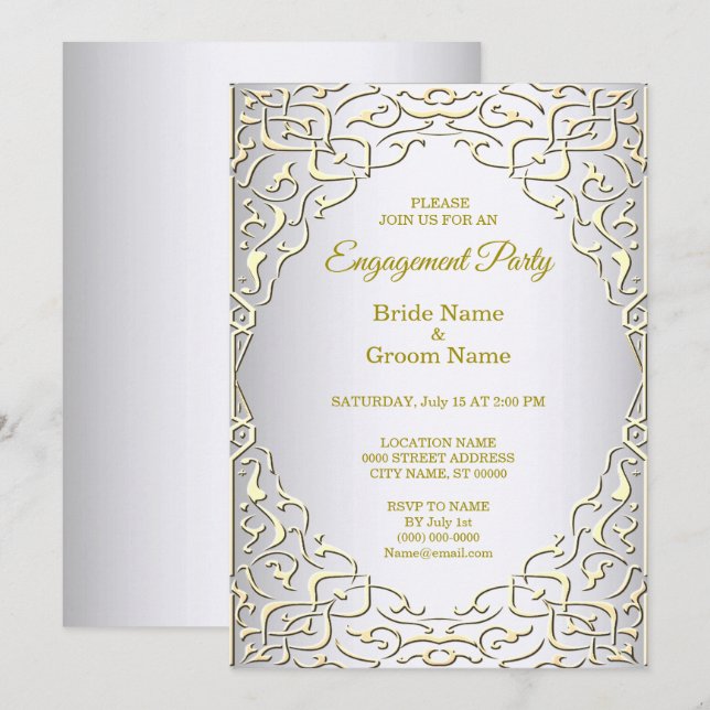 Invitation Élégant Fiançailles décoratif en or argenté (Devant / Derrière)