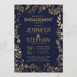 Invitation Élégant Fiançailles floral bleu et or de la marine