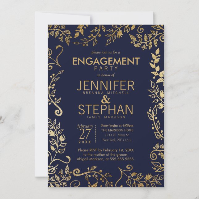 Invitation Elégant Fiançailles floral bleu marine et or (Devant)