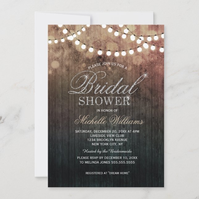 Invitation Elégant fil lumières marron bokeh douche nuptiale (Devant)