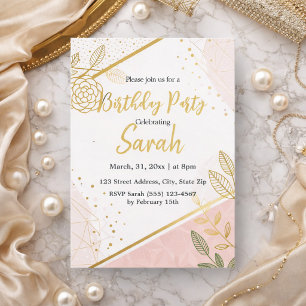 Invitation élégant filleul or et floral rose anniversaire 
