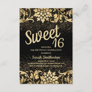 Invitation Elégant Fleur Glitter Or Noir Sweet 16