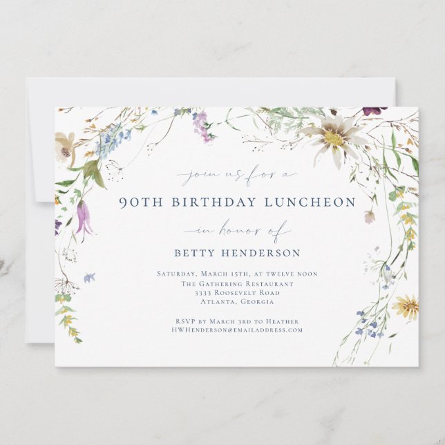 Invitation Elégant Fleur sauvage aquarelle 90e anniversaire (Devant)