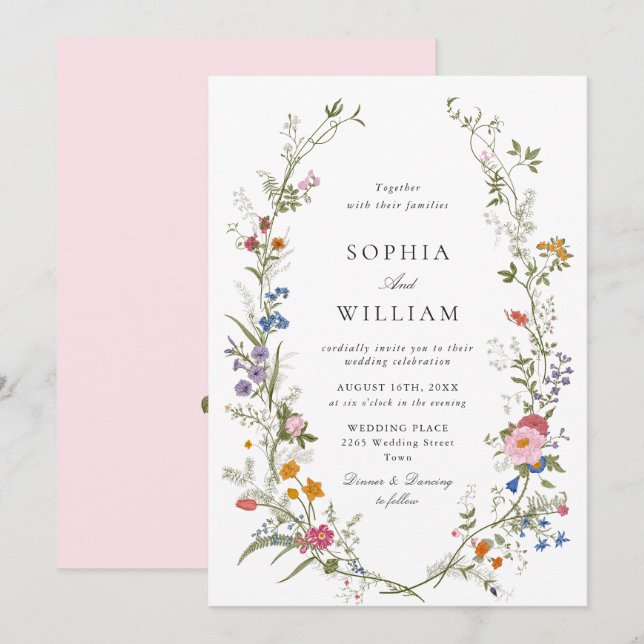 Invitation Elégant Fleur sauvage aquarelle Mariage rose simpl (Devant / Derrière)