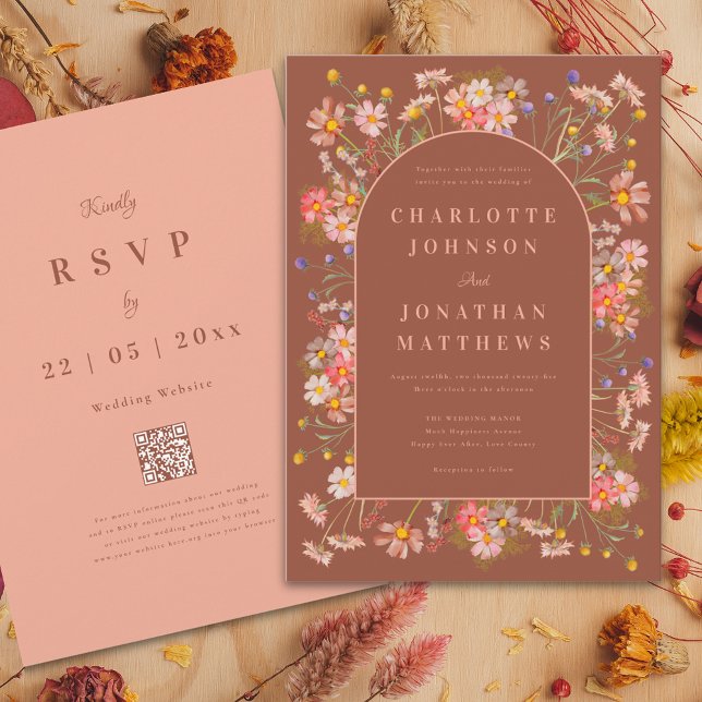 Invitation Élégant Fleur sauvage Arch Mariage de automne en t (Elegant arch wildflower burnt Orange terracotta and peach fall wedding invitation )