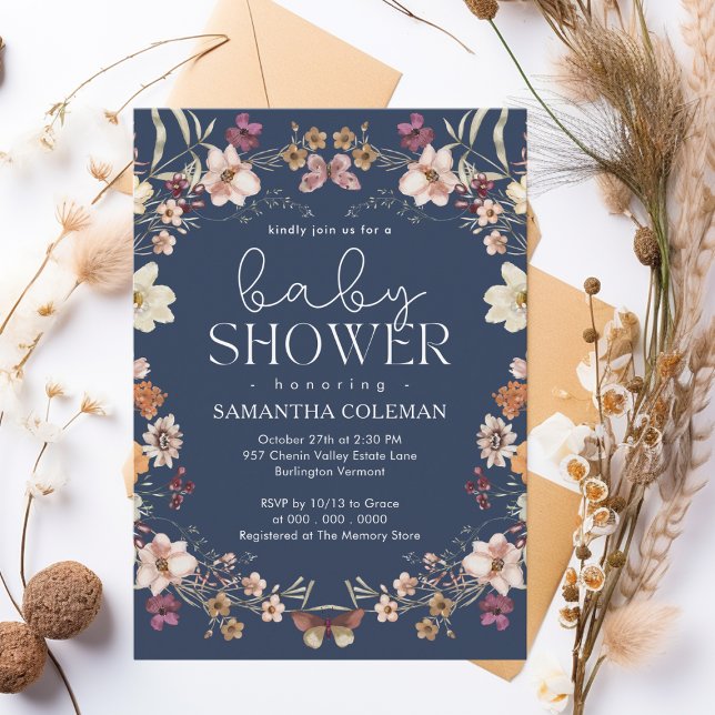 Invitation Élégant Fleur sauvage bleu marine  Baby shower (Créateur téléchargé)