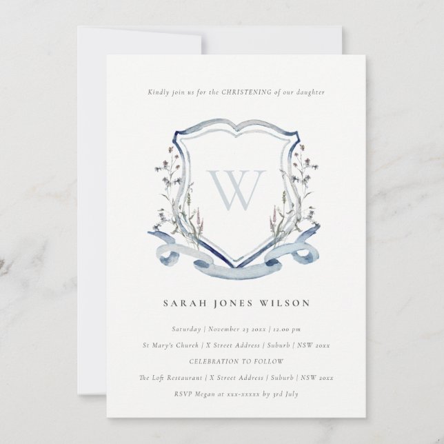 Invitation Élégant Fleur sauvage Bleu Monogram Crest Christen (Devant)