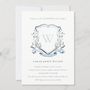 Invitation Élégant Fleur sauvage Bleu Monogram Crest Christen