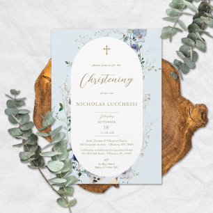 Invitation Elégant Fleur sauvage Bleu Ovale Frame Garçon Chri