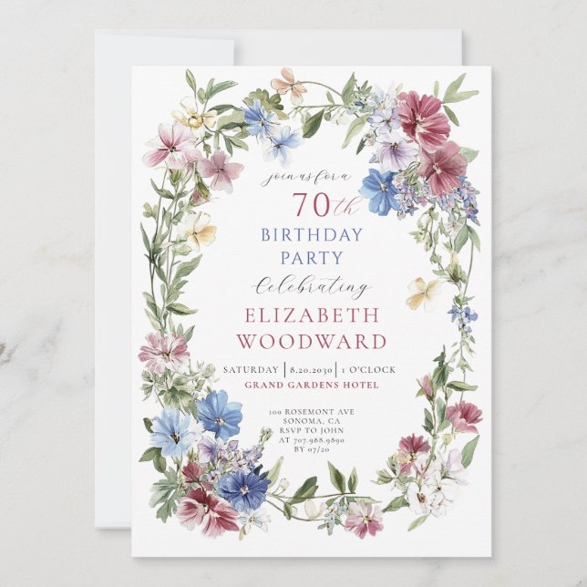 Invitation Elégant Fleur sauvage Boho Aquarelle 70e anniversa (Devant)