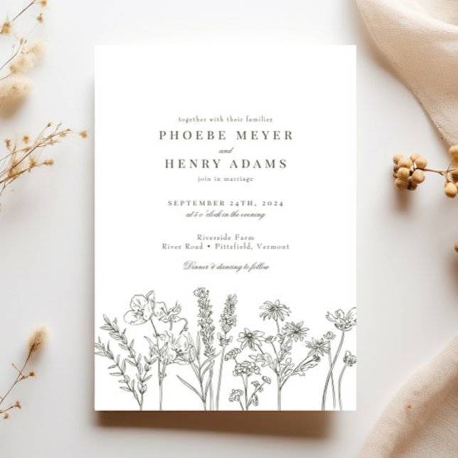 Invitation Élégant Fleur sauvage Boho Olive Green Mariage (Créateur téléchargé)