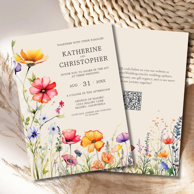Invitation Elégant Fleur sauvage coloré Mariage beige (Elegant Colorful Wildflowers Wedding Invitation with orange, red, purple flowers, qr code.)