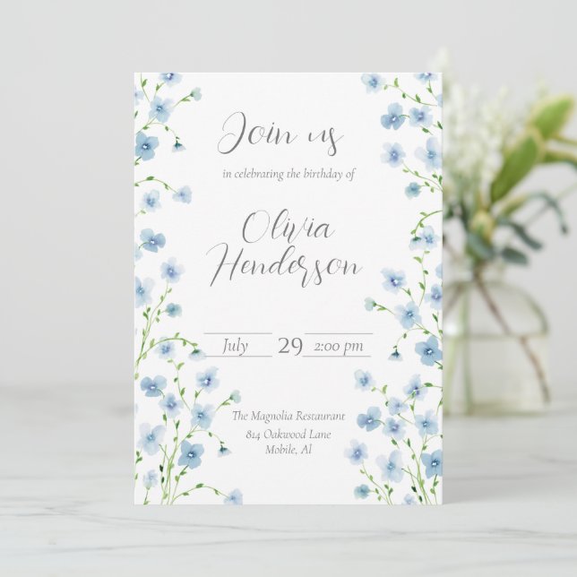 Invitation Elégant Fleur sauvage d'aquarelle bleu (Debout devant)