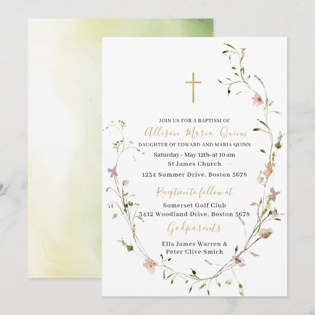 Invitation Élégant Fleur sauvage d'aquarelle moderne Baptême (Devant / Derrière)