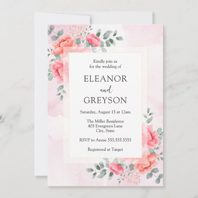 Invitation Elégant fleur sauvage d'aquarelle rose vif mariage (Devant)