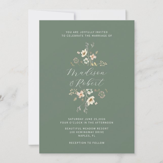 Invitation Elégant Fleur sauvage d'aquarelle verte Sage (Devant)
