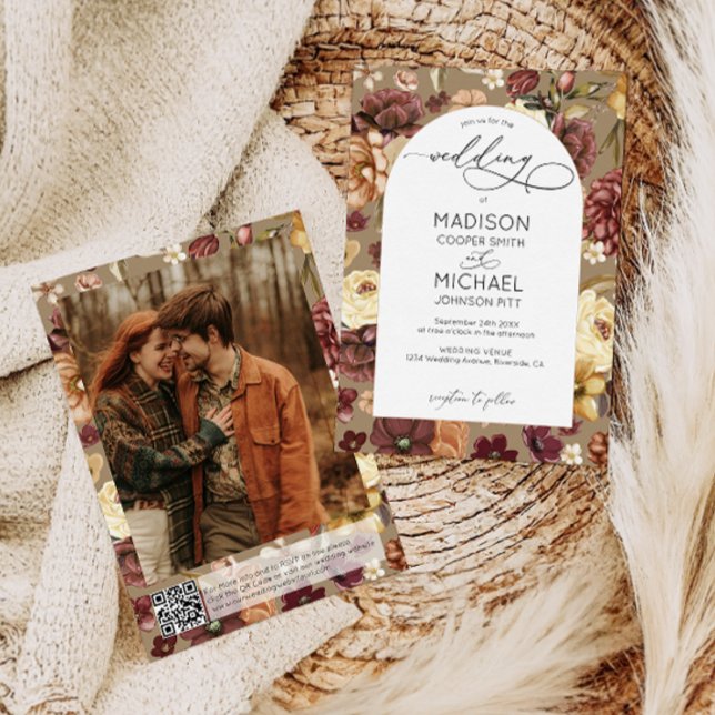 Invitation Élégant Fleur sauvage de l'automne QR Code Mariage (Créateur téléchargé)