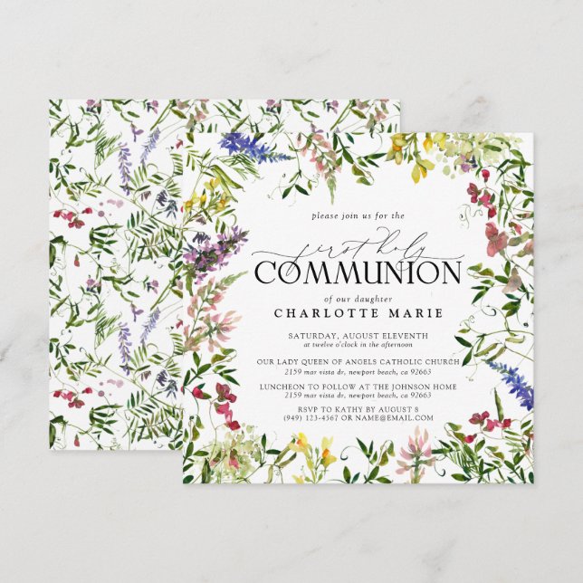 Invitation Élégant Fleur sauvage d'été Première sainte commun (Devant / Derrière)