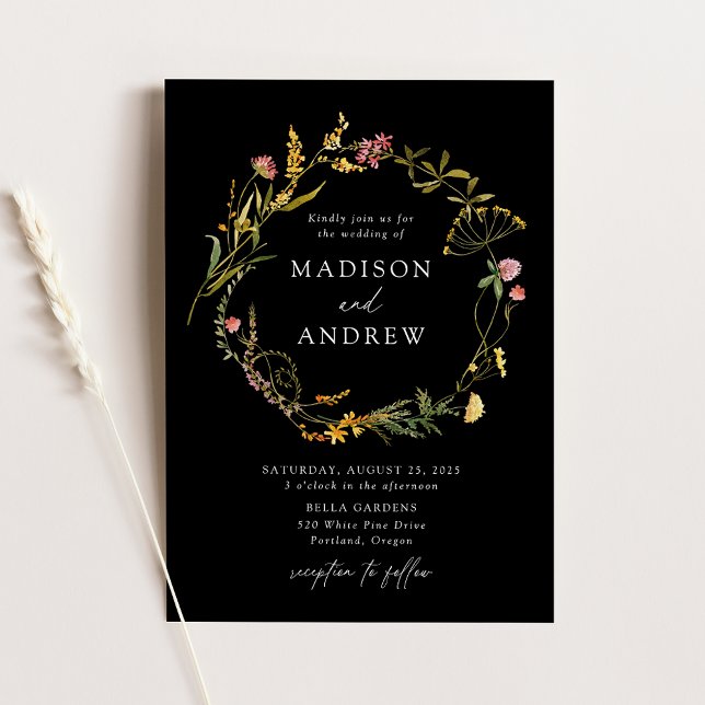 Invitation Élégant Fleur sauvage d'été Wreath Mariage noir (Créateur téléchargé)