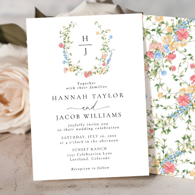 Invitation Élégant Fleur sauvage Floral Monogram Mariage (Créateur téléchargé)