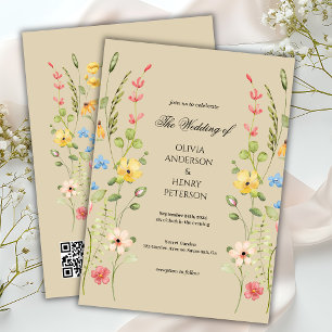 Invitation Élégant Fleur sauvage Floral Neutral QR Code Maria