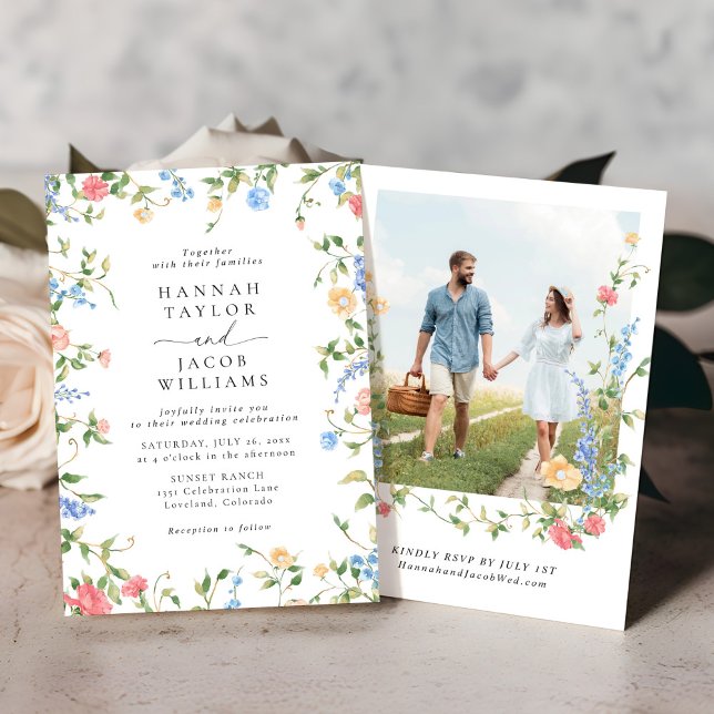 Invitation Élégant Fleur sauvage Floral Photo Mariage (Créateur téléchargé)