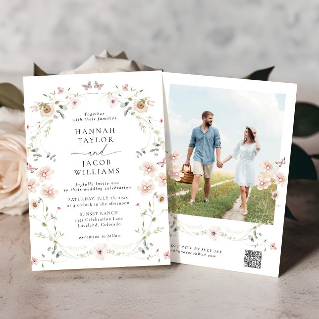 Invitation Élégant Fleur sauvage Floral QR Code Mariage RSVP (Créateur téléchargé)