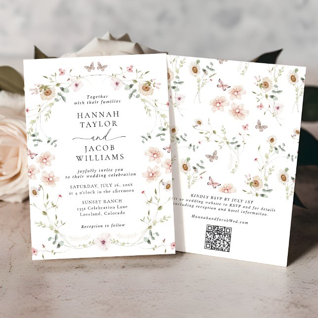 Invitation Élégant Fleur sauvage Floral QR Code Mariage RSVP (Créateur téléchargé)