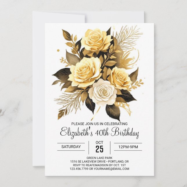Invitation Elégant Fleur sauvage Gold et Black 30e anniversai (Devant)