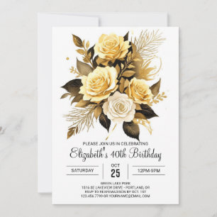 Invitation Elégant Fleur sauvage Gold et Black 30e anniversai