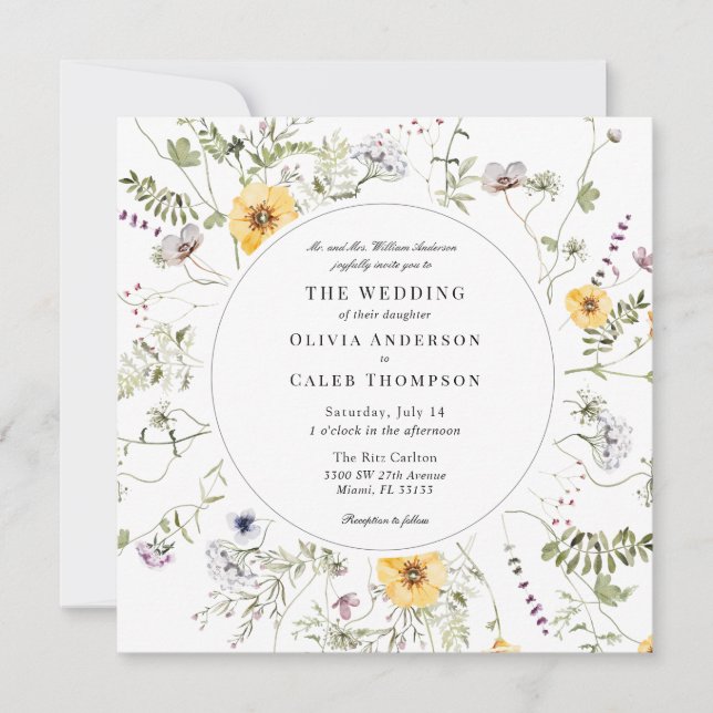 Invitation Elégant Fleur sauvage Jaune Verdure Cadre Mariage  (Devant)