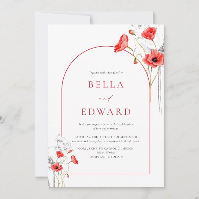 Invitation Elégant Fleur sauvage Mariage de couleur rouge pav (Devant)