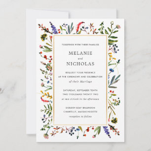 Invitation Élégant Fleur sauvage + Mariage d'or blanc dos