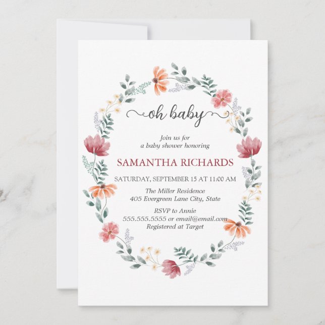 Invitation Elégant fleur sauvage moderne baby shower Invitati (Devant)