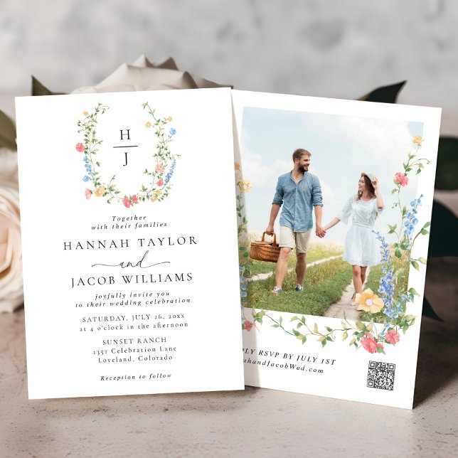 Invitation Élégant Fleur sauvage Monogram Mariage photo (Créateur téléchargé)