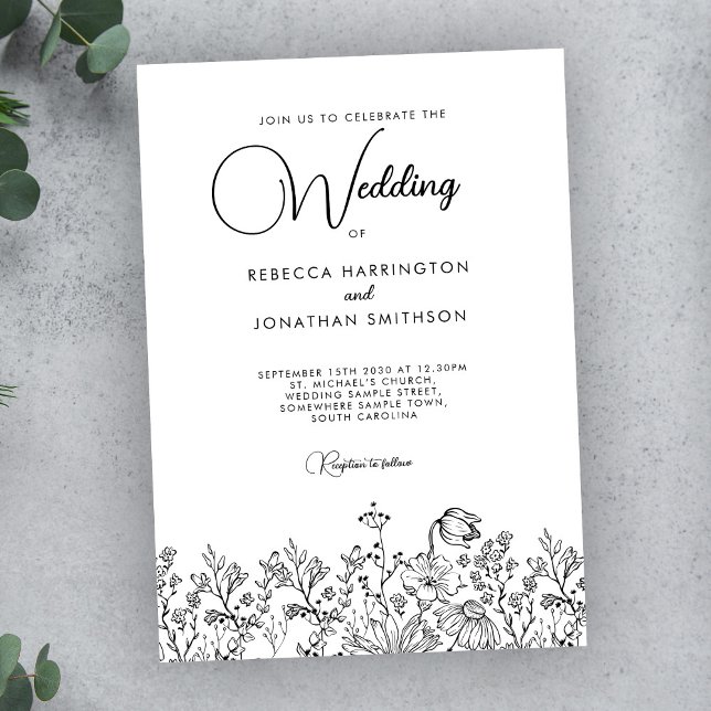 Invitation Élégant Fleur sauvage noir blanc Mariage photo (Créateur téléchargé)