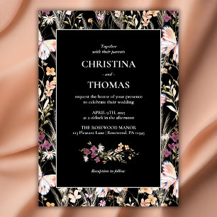 Invitation Élégant Fleur sauvage noir Boho Mariage