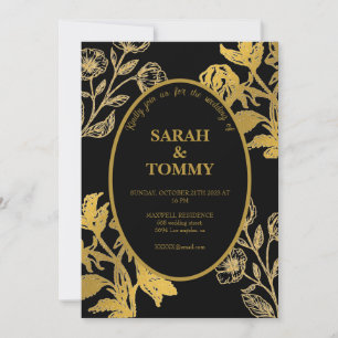 Invitation Élégant Fleur sauvage noir & or Mariage moderne