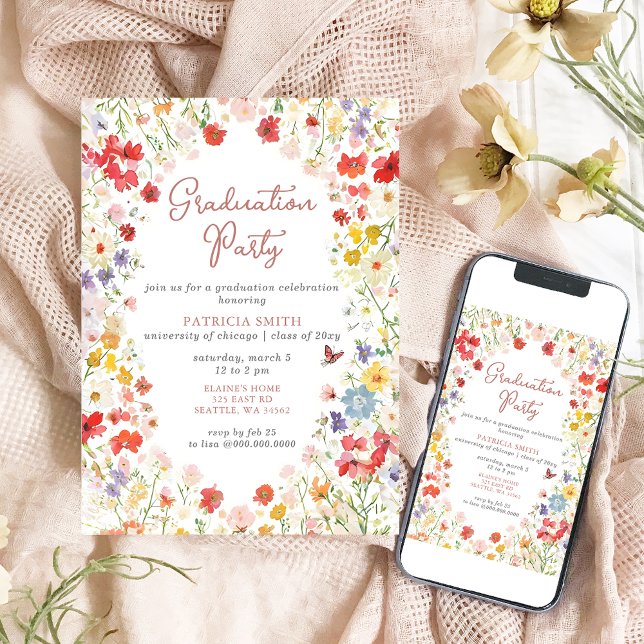Invitation Élégant Fleur sauvage Photo Graduation Party (Elegant Wildflowers Photo Graduation Party Invitation)