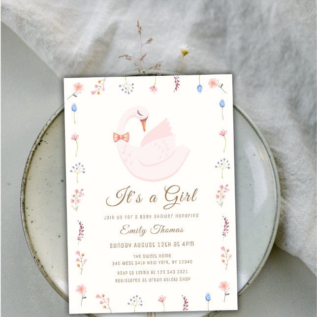Invitation Élégant Fleur sauvage Princesse Swan Girl Baby sho (Elegant Wildflower Princess Swan Girl Baby Shower Invitation)