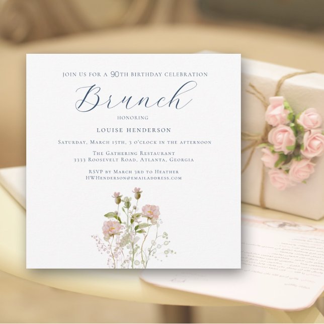 Invitation Elégant Fleur sauvage rose 90e anniversaire Brunch (Créateur téléchargé)