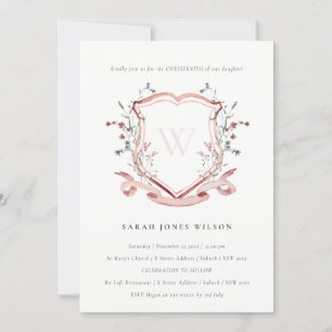 Invitation Élégant Fleur sauvage rose Monogram Crest Christen